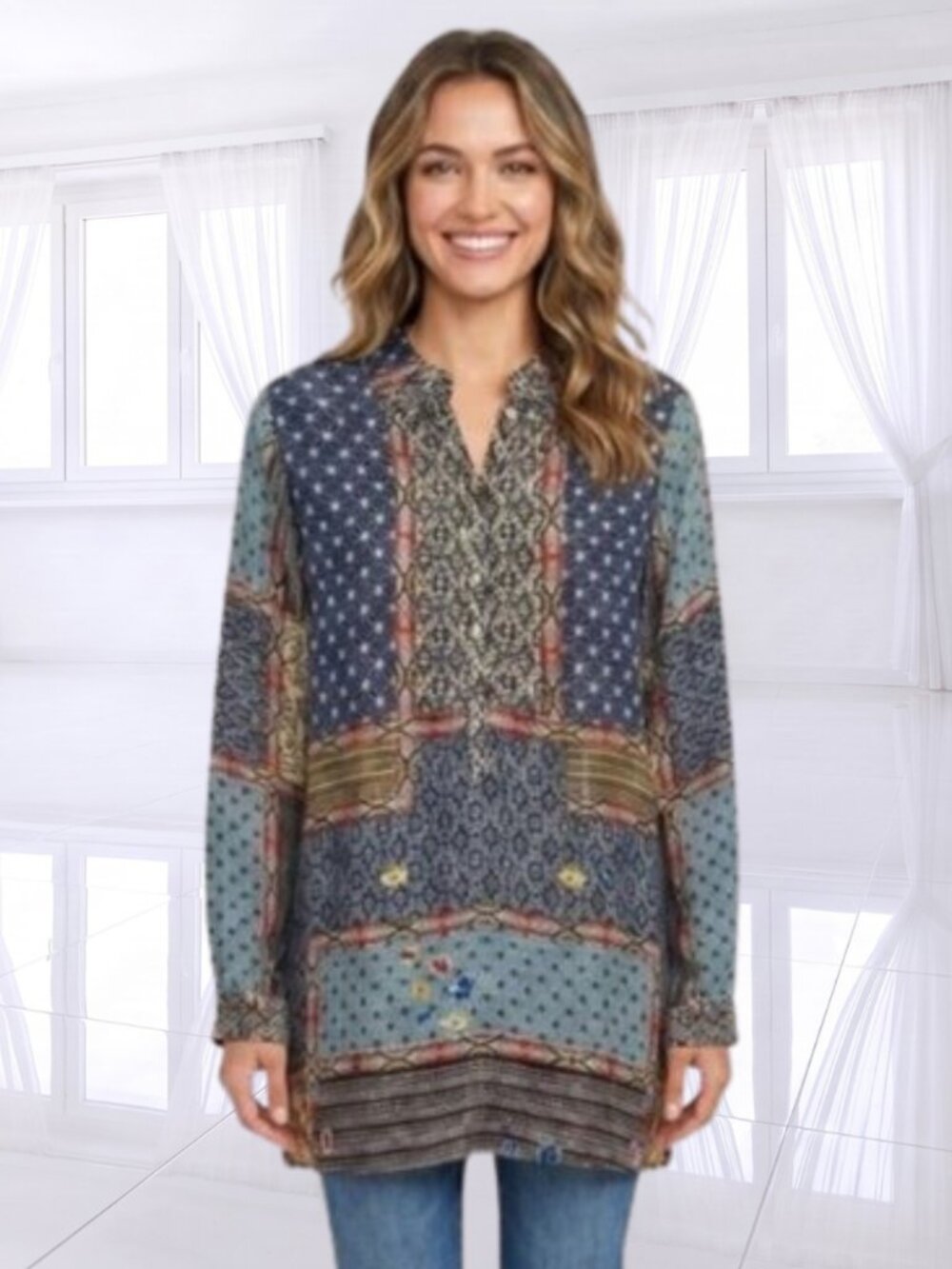 Johnny Was Patchwork Cupra Rayon Tunic Blouse M Boho Silk Feel Roll Tab Sleeve